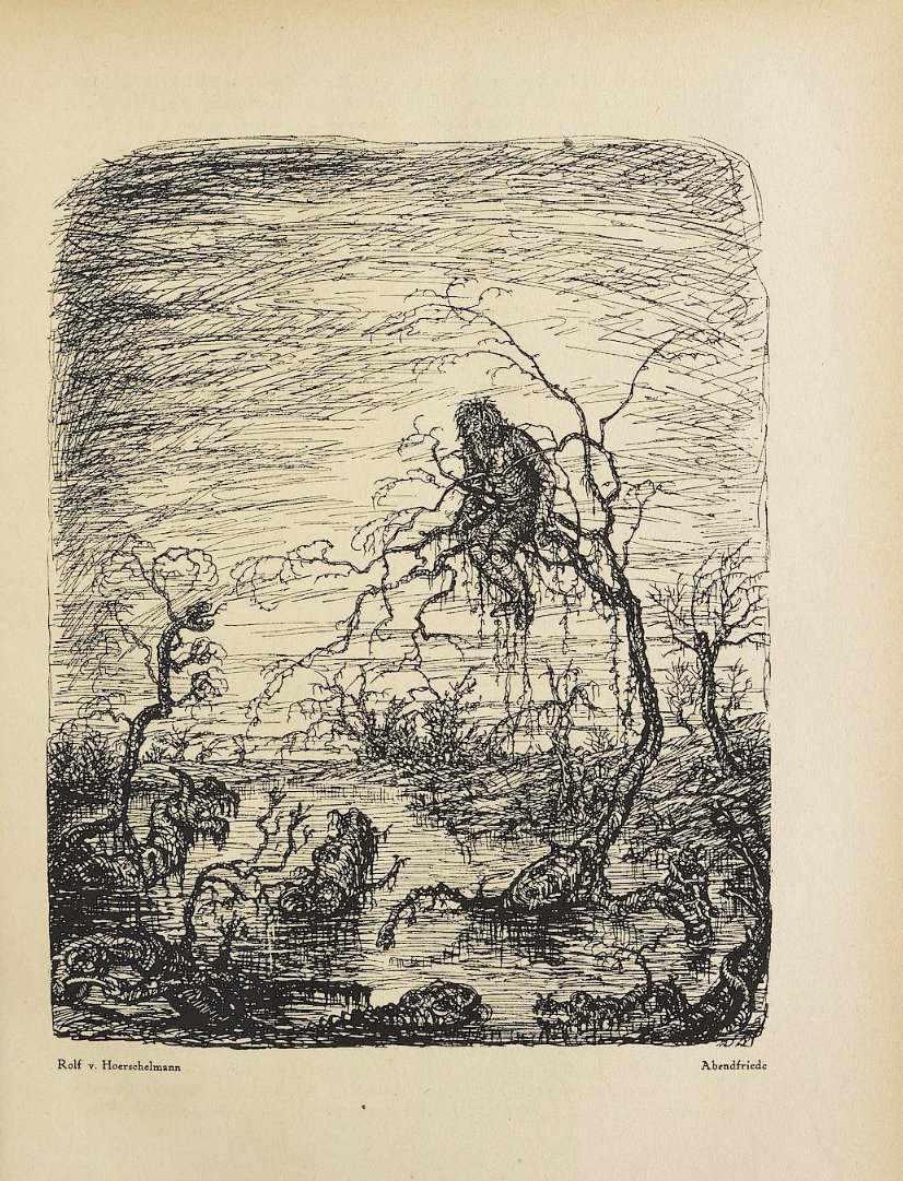 The shattering effect of the Great War is evident in the style of the early Orchideengarten covers. Issue three has a gaping dragon's mouth against a dying sun, devouring a chain of corpses. Rolf von Hoerschelmann's interior illustrations reflect the horror of no man's land.