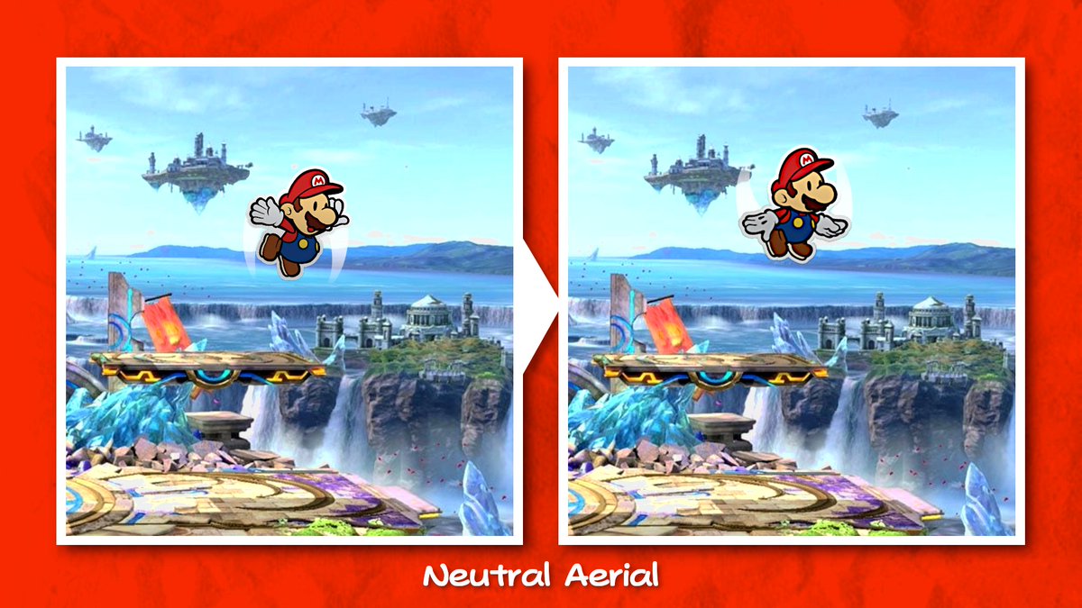 His n-air is the flapping jump from Paper Jam. Paper Mario quickly flaps his arms twice, damaging opponents nearby. This move also gives him a tiny bit of upward lift, stalling his fall a bit, making it a potential recovery tool.