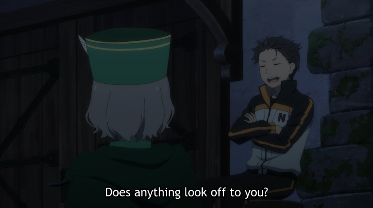 Subaru looks like he finally has a clear grip on things, thinking rationally and putting together information he has. But this isn't depicted as necessarily a positive; it's unnatural, as we see through Otto's perspective. Subaru's state of mind almost doesn't seem human.