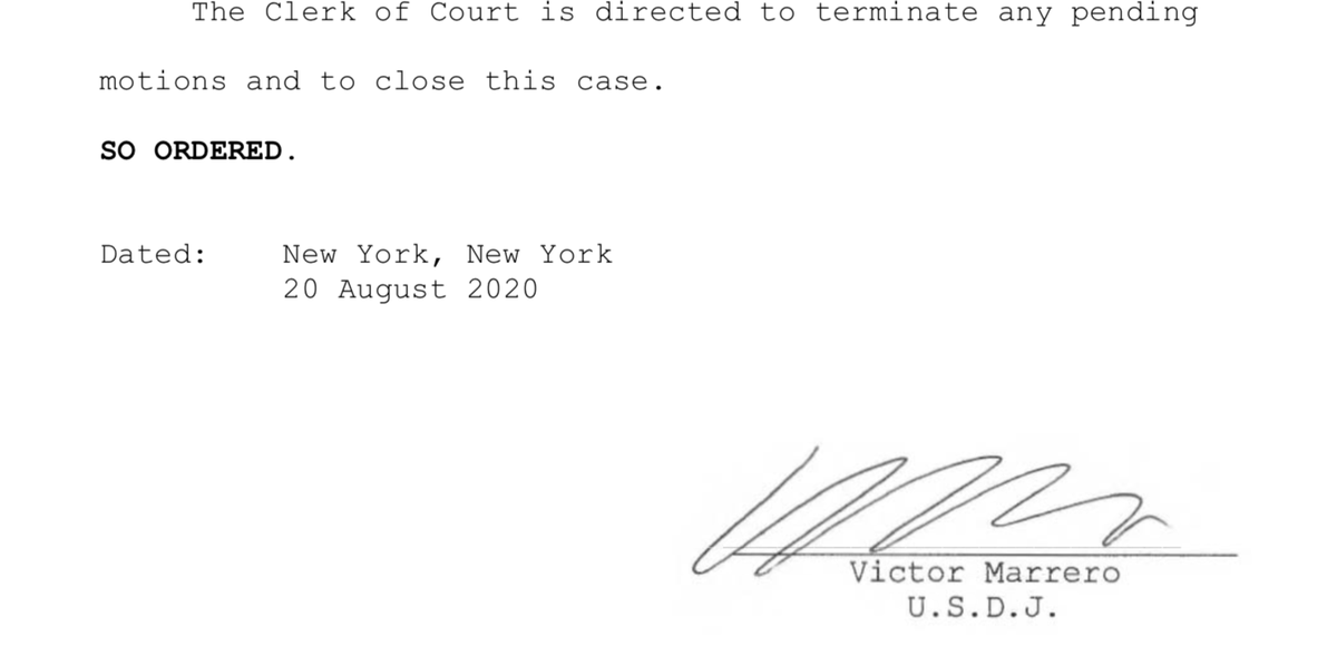 Trump can still appeal the dismissal back up to the 2nd Circuit. Judge Marrero seems to anticipate this.He writes at the end of his 103-page decision "Justice requires an end to this controversy."9/
