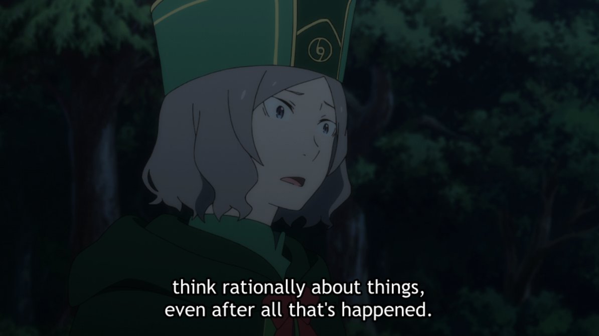 Subaru looks like he finally has a clear grip on things, thinking rationally and putting together information he has. But this isn't depicted as necessarily a positive; it's unnatural, as we see through Otto's perspective. Subaru's state of mind almost doesn't seem human.