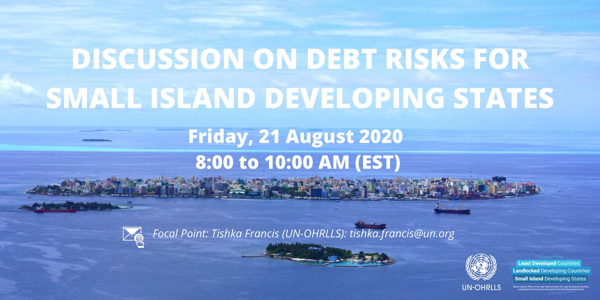UNOHRLLS's tweet photo. 🗓️Reminder: In preparation for the next meeting of Discussion Groups IV & V of the Initiative on #FFD in the Era of #COVID19, @UNOHRLLS, @AOSIS & partners will convene a discussion on debt risks for small island developing States🏝️ tomorrow 21 Aug. from 8-10AM (EST). https://t.co/h04WEapcDt