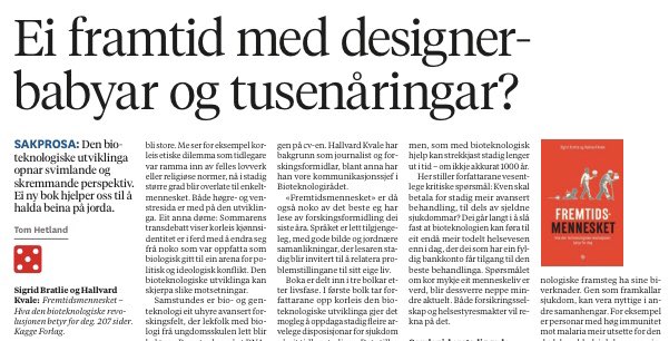 «...noko av det beste eg har lese av forskingsformidling dei siste åra» skriver anmelderen i <a href="/StvAftenblad/">Broken Link POC</a> og triller en femmer på terningen! 🥳 Jeg og <a href="/hallkvale/">Hallvard Kvale</a> har skrevet bok om hvordan bioteknologi kan overstyre menneskets biologi i alle livets faser. Fås i bokhandelen.