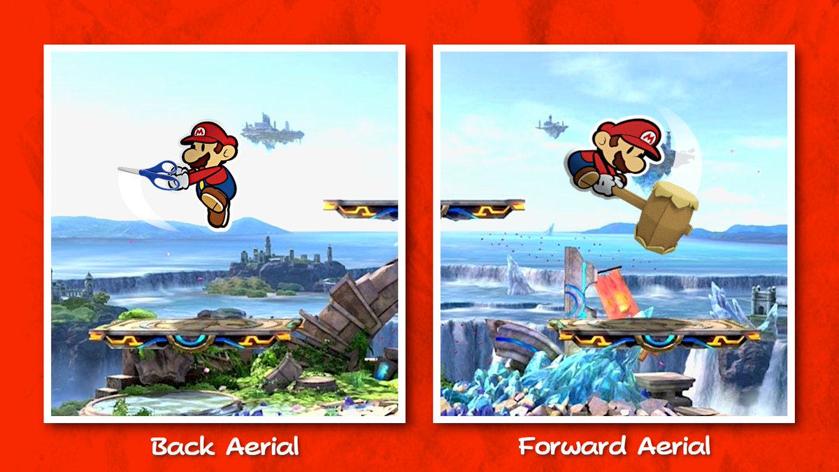 For his f-air, Paper Mario swings his hammer in the air in front of him. If lined up correctly, this move can meteor smash opponents, similar to Mario’s forward aerial.