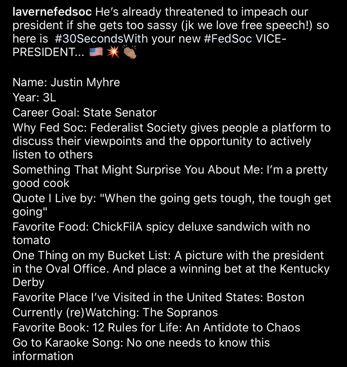 FedSocLaVerne's tweet photo. He cooks, has excellent taste in books, and he (apparently) doesn’t appreciate the value of a good karaoke song... 😝
Today in #30SecondsWith meet our new #FedSoc VICE-PRESIDENT!!! https://t.co/UEosJ6kmv8