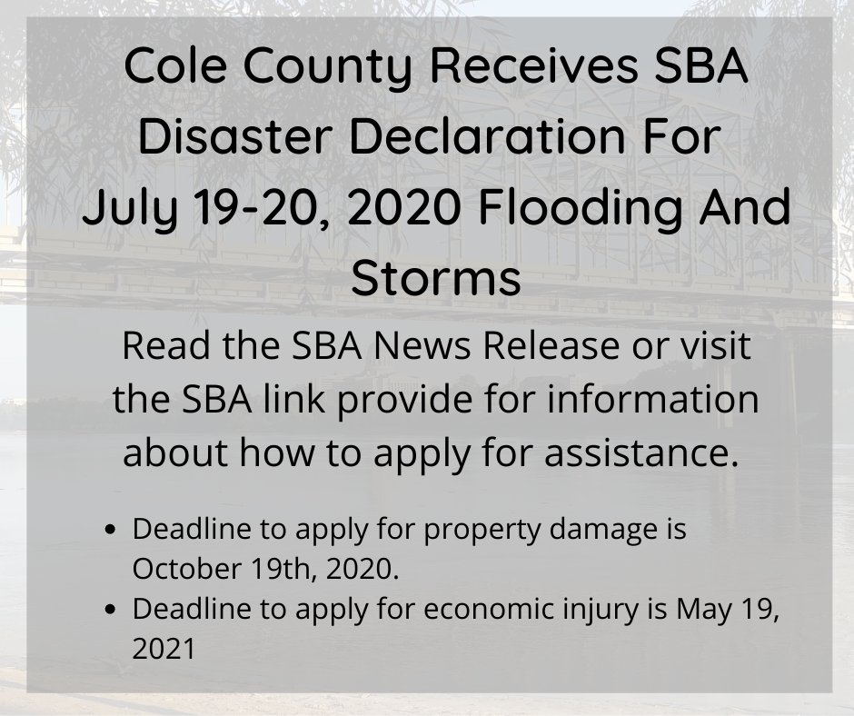ColeCountyMO's tweet photo. SBA News Release: https://t.co/r6gJle48mC…

SBA Disaster Loan Assistance website: https://t.co/oUi03ydbi9…/Declarat…/DeclarationDetails…

Thanks Emergency Management team of Director Sierra Thomas and Tracy Blank for their work to get this declaration for Cole County! https://t.co/aK1pigZGLE