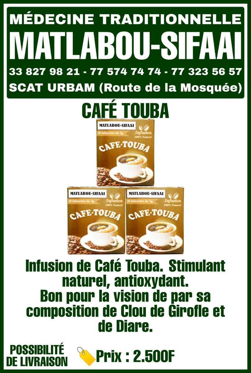 matlabousifaai's tweet photo. Infusion de Café Touba.
Stimulant naturel, antioxydant, Bon pour la vision de par sa composition de Clou de Girofle et de Diare.
🏷Prix : 2.500F
☎️ 33 827 98 21 - 77 323 56 57
📌 SCAT URBAM (Route de la Mosquée) https://t.co/8cXTqoIlrz