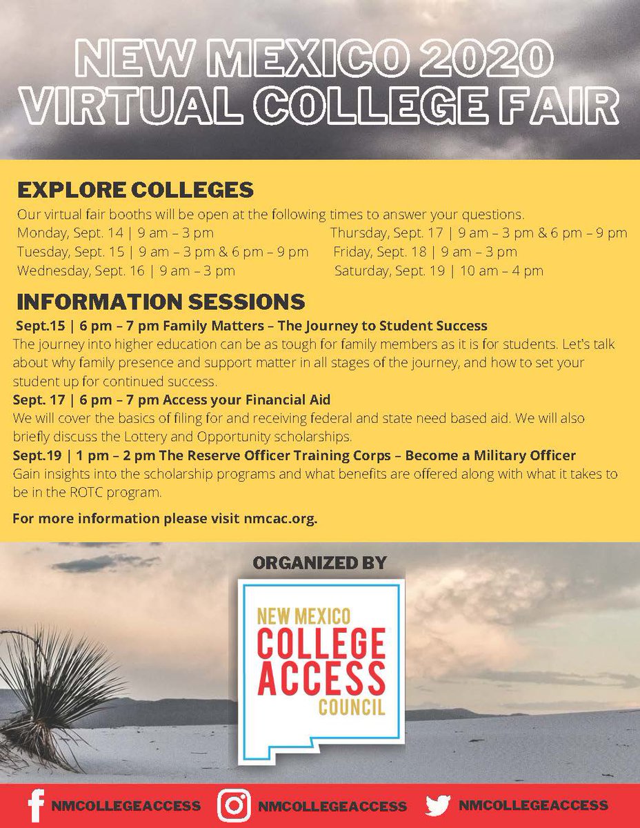 nmcollegeaccess's tweet photo. We at NMCAC are excited to share with everyone the agenda of programs we have in place next month! If you haven’t already, make sure to follow us, visit our website and connect to get the most up to date information! #NMCAC #highereducation #newmexicotrue https://t.co/rw14YIsWrG