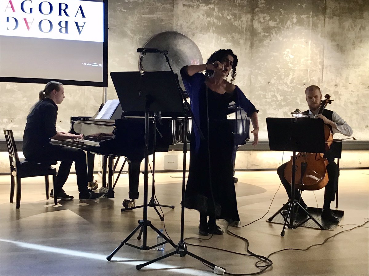 The #aboagora2020 audience got to enjoy the powerful performance of the #soprano and #poet #lubenanova, accompanied by the prominent #villevihko (#piano) and #teemumastovaara (#cello), forming The Water Project! The trio performed the electic, experimental music by #ismosavola