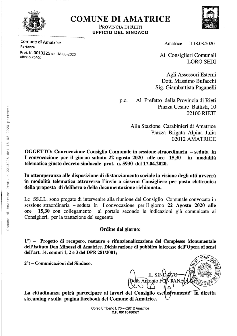📝 Convocazione del Consiglio Comunale di #Amatrice - Sabato 22 agosto 2020 ore 15.30 - Modalità telematica.

📢 I lavori del Consiglio verranno trasmessi in diretta streaming sulla pagina facebook del Comune di Amatrice.