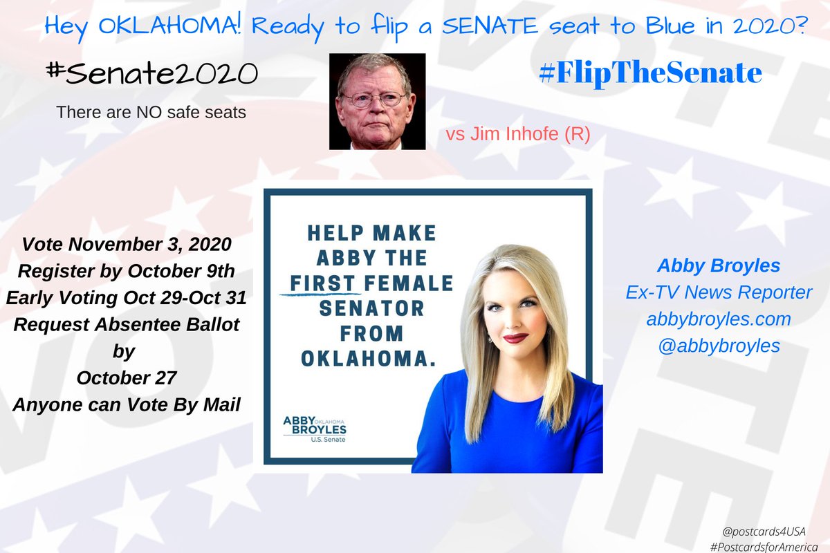 Hey  #OKLAHOMA! Vote  #Senate2020 like your country depends on it! Democratic Challenger for Senator of  #OK Abby Broyles  @abbybroyles http://abbybroyles.com Donate here:  https://secure.actblue.com/donate/ab-websiteRunning against GOP Incumbent Jim Inhofe #NoSafeSeatsTHREAD #PostcardsforAmerica