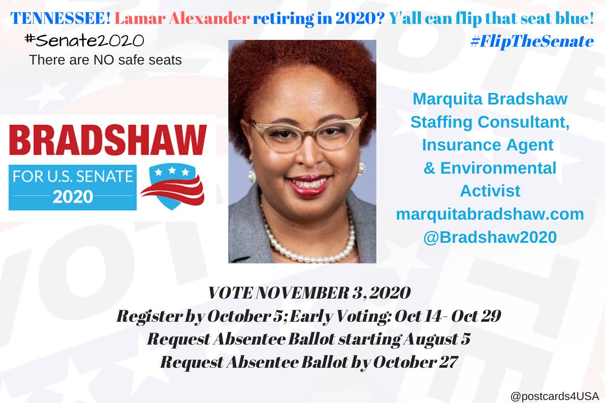 Hey  #TENNESSEE!Lamar Alexander is retiring!  Democratic Candidate for  #SENATOR for  #TN Marquita Bradshaw http://www.marquitabradshaw.com Donate here:  https://secure.actblue.com/donate/marquitaussenate @Bradshaw2020 #FlipTheSenateTHREAD  #23GOP  #PostcardsforAmerica