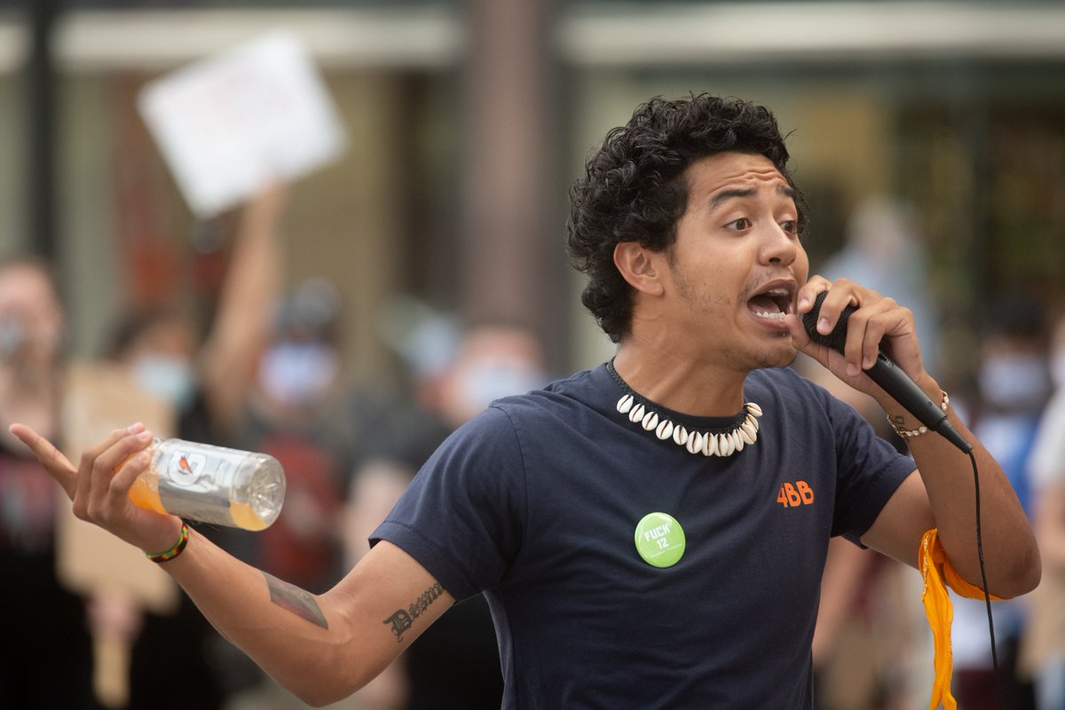 Protesters marched from the Bean to the intersection at Washington and Michigan, where organizers explained their demands and recounted how black and indigenous struggles have historically been intertwined.