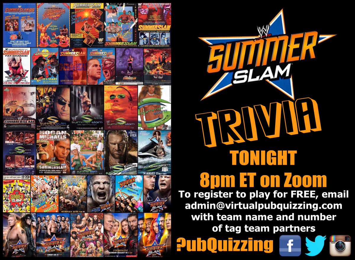 PubQuizzing's tweet image. Join us tonight at 8pm 🇺🇸 ET as we test your knowledge of #WWE #SummerSlam Email admin@virtualpubquizzing.com to register. #SummerSlam2020 #Wrestling #WrestlingCommunity #WrestlingTwitter #WrestlingTrivia #WWESummerSlam #Raw #WWERaw #RawUnderground #WWEThunderdome #WWESmackDown