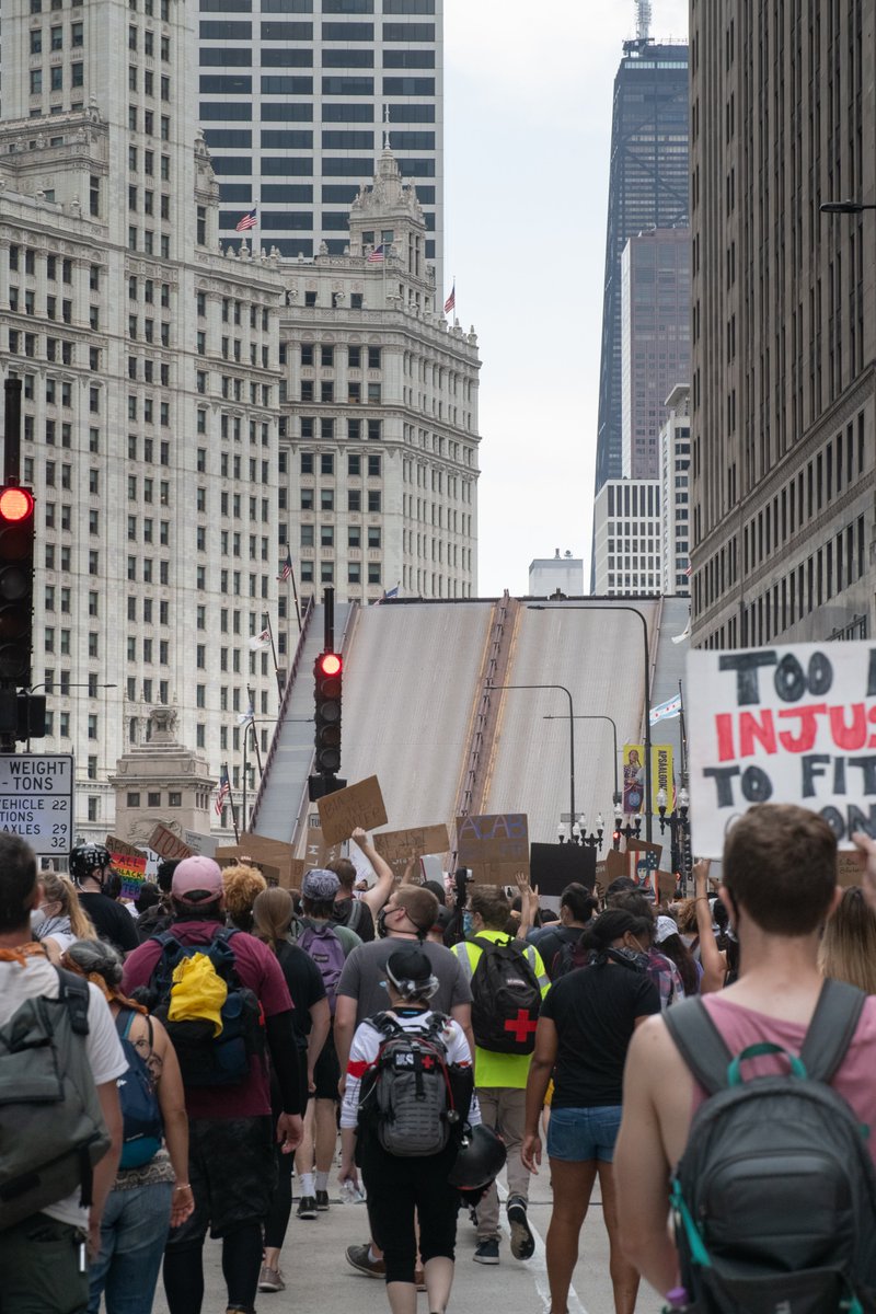 From there the group marched north along Michigan toward the raised bridge at Wacker.