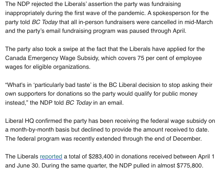 We already knew the BC Liberals applied for the Canada Emergency Wage Subsidy.But I’m surprised and disappointed by Andrew Wilkinson’s admission that his party is consciously foregoing revenue from donors at the same time he’s collecting this public money.  #bcpoli