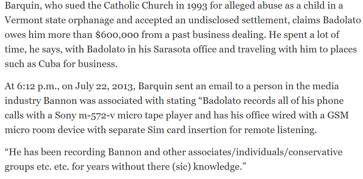 The Sarasota Herald Tribune has an extensive, well-researched story from 2018 on Badolato's dealings with Bannon in the Sarasota area. It includes this nugget https://www.heraldtribune.com/story/news/local/2020/08/20/steve-bannon-andrew-badolato-and-sarasota-connection/5616202002/