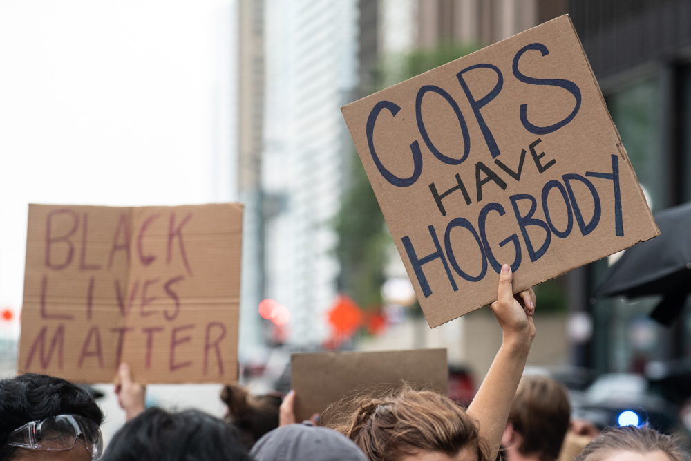 At Michigan and Wacker, there was a police presence immediately to the east, and also half a block to the west. Bike marshals set up a bike line to the east to protect the group, and police set up a bike line opposite them.