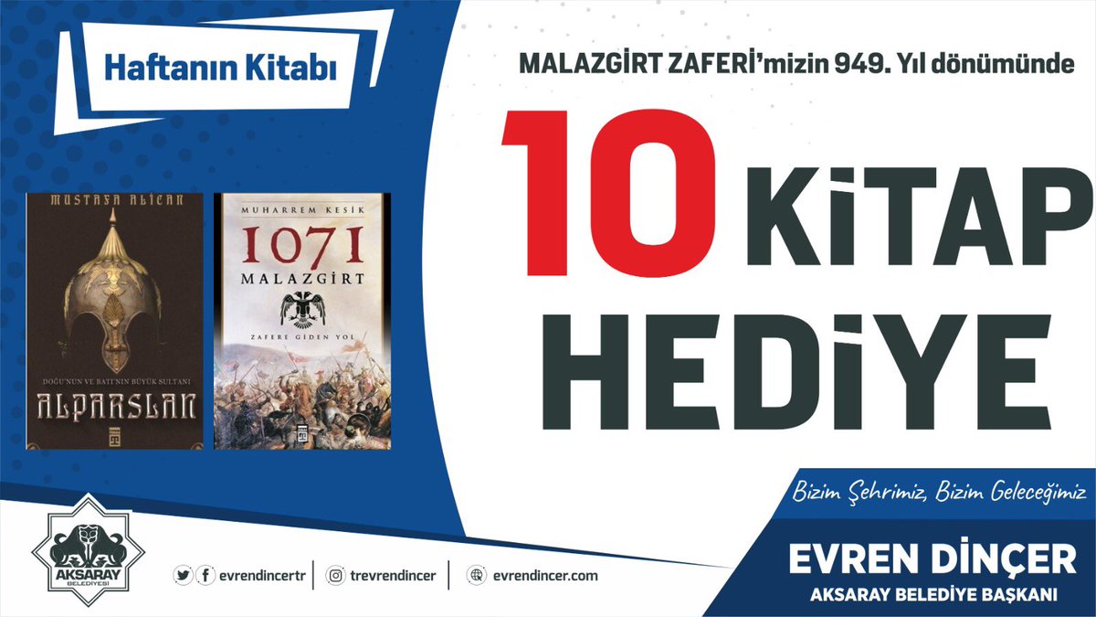 Sevgili hemşehrilerimiz <a href="/evrendincertr/">Dr. Evren Dinçer</a> ve <a href="/aksaraybel/">Aksaray Belediyesi 🇹🇷</a> hesaplarımızı takip edip #KutluYürüyüş hashtagi ile gönderi altına 3 kişi etiketleyip rt yapan 10 kişiye Malazgirt Zaferi’mizin 949. Yıl dönümüne özel kitap ediyoruz.

Sonuçlar için Pazartesi günü görüşmek üzere. 😊
