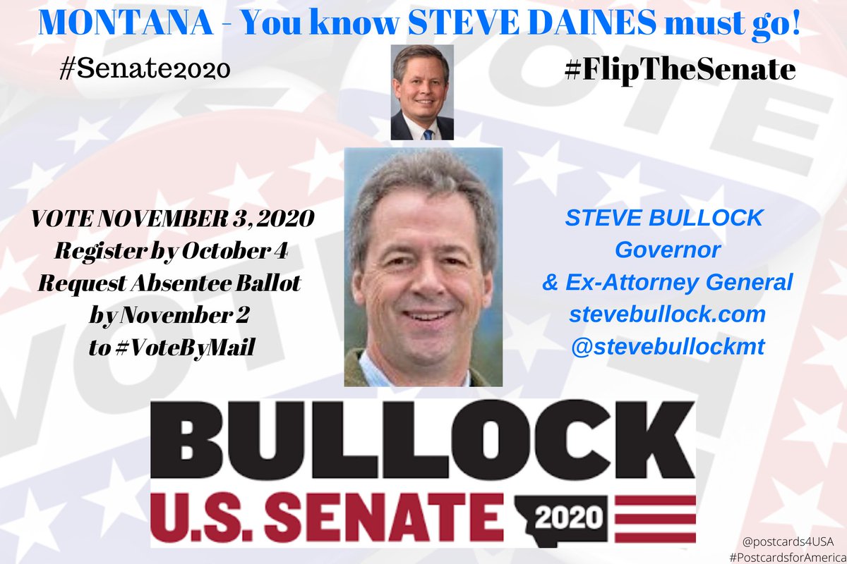 Hey  #MONTANA!  @SteveDaines must go!  #Senate2020 Steve Bullock  @stevebullockmt  https://stevebullock.com/ Donate here:  https://secure.actblue.com/donate/sb-homepageApplicationsto Register:  https://sosmt.gov/Portals/142/Elections/Forms/Voter_Registration_Application.pdffor Absentee Ballot:  https://sos.iowa.gov/elections/pdf/absenteeballotapp.pdf #FlipTheSenate  #DemCastMTTHREAD  #23GOP