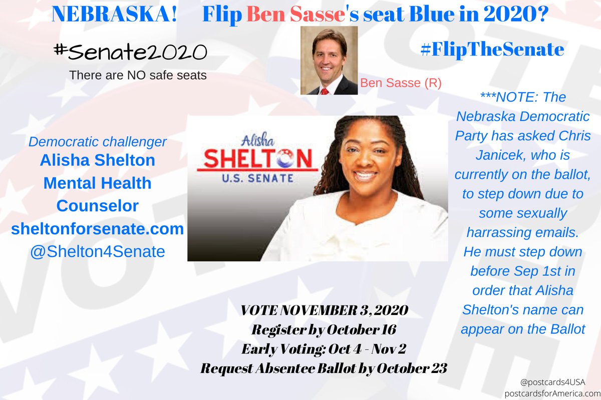 Hey  #NEBRASKA!Help  #FlipTheSenate  #NoSafeSeats!Democratic Challenger to Ben Sasse:ALISHA SHELTON https://sheltonforsenate.com/ Donate here  https://secure.actblue.com/donate/sheltonforsenate @Shelton4SenateTHREAD  #PostcardsforAmerica