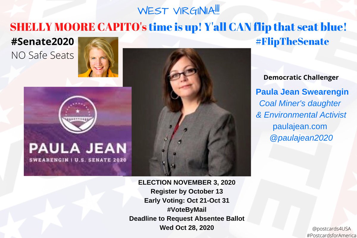 Hey  #WestVirginia! You can help  #FlipTheSenate! Democratic Challenger to Shelly Moore Capito isPAULA JEAN SWEARENGIN @paulajean2020 http://PaulaJean.com Donate here:  https://secure.actblue.com/donate/paula-jean-actblue #Senate2020 #PostcardsforAmericaTHREAD  #23GOP   http://postcardsforAmerica.com 