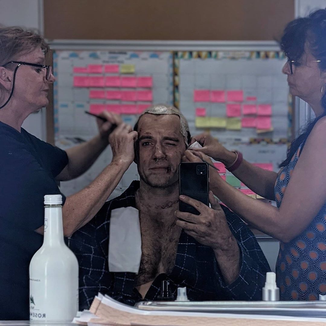 netflixwitcher's tweet photo. Henry Cavill on Instagram: "No bald cap this year. Just pounds of 2 types of medical tape and some glue.... Removal is a joy. Jacqui and Ailbhe here, though, have the deft touch of angels. Jacqui more so an Angel of Vengeance, but that's all part of her charm. #CasuallyOpenRobe" https://t.co/EkoGenXIwP
