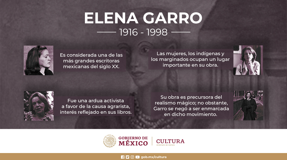 cultura_mx's tweet photo. Una peculiar concepción del tiempo se halla en la literatura de Elena Garro.

En su obra el tiempo no es lineal, se bifurca, se petrifica, se ausenta, se repite: "No hay tiempos peores, ni tiempos mejores, todo los tiempos son el mismo".

Conmemoramos su 22 aniversario luctuoso. https://t.co/MIN1UElMJw