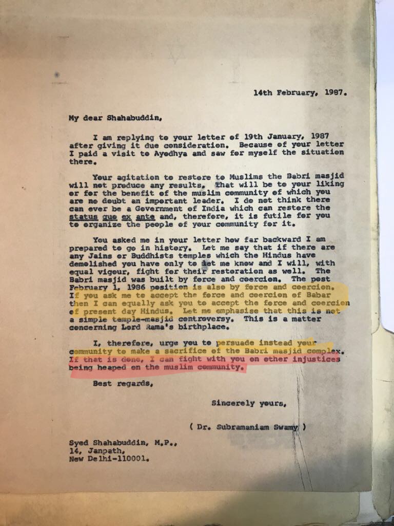 This is new. Unsigned letter of the Twitter Hindu Hriday Samrat. Written to Syed Shahabuddin on Valentine's day 1987. Requesting Syed to convince Muslims to 'sacrifice of the Babri Masjid complex', & in return Hriday Samrat would fight against injustices heaped on Muslims. 