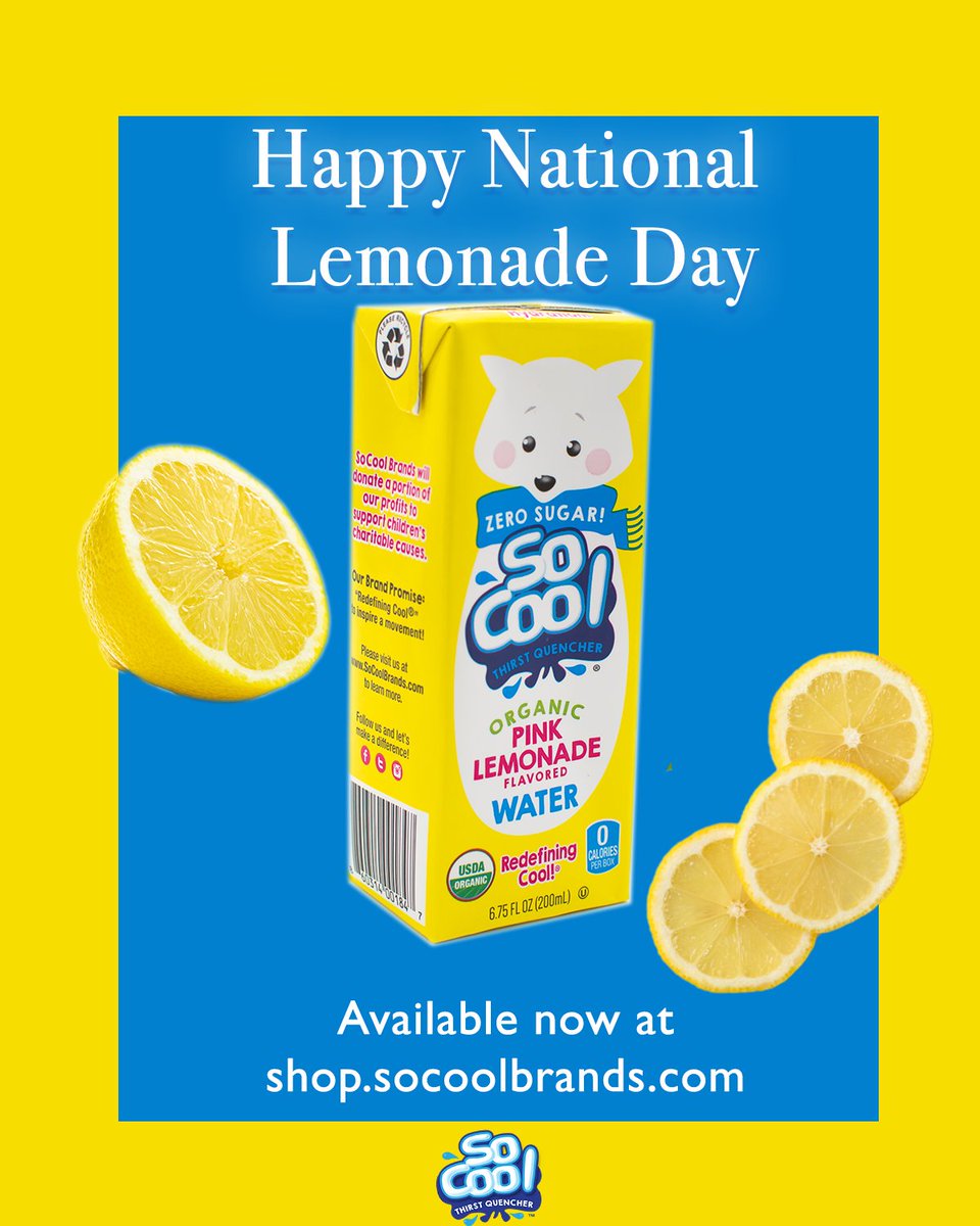 SoCoolBrands's tweet photo. Happy National Lemonade Day! Try our Pink Lemonade Organic Flavored Water, available now! It tastes great and has zero sugar.
.
.
#nationallemonadeday #pinklemonade #forchildren #childrensdrink #socool #socoolbrands #redefiningcool https://t.co/OBhp280XyR
