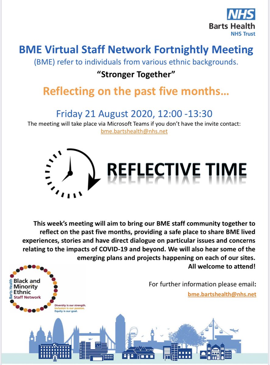 Reflective time... BME Network event-reflect on the past 5 months, providing a safe place to share BME lived experiences &amp; direct dialogue on issues &amp; concerns relating to the impacts of COVID-19 &amp; beyond. Also hear the emerging plans&amp; projects happening on each of our sites.
