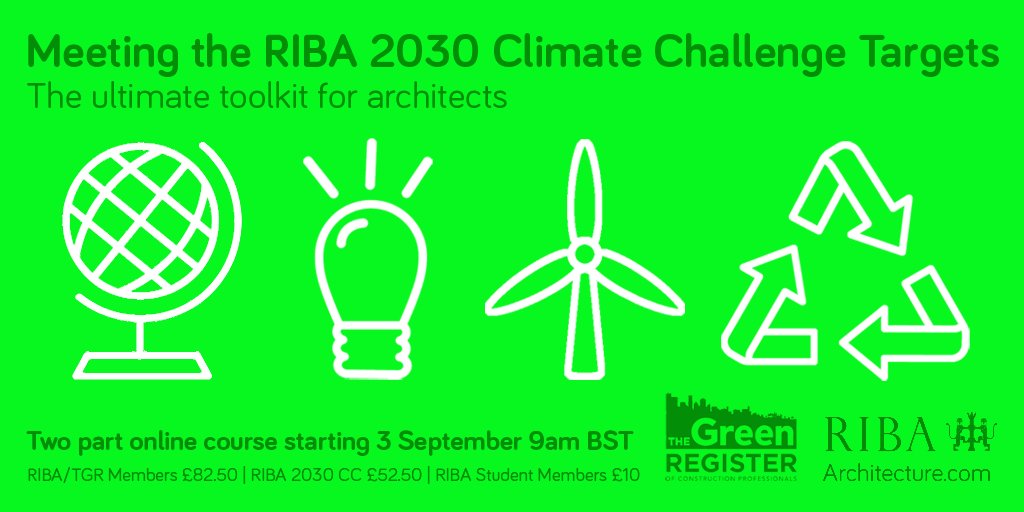 2 weeks until our 'Meeting the RIBA 2030 Climate Challenge Targets' with @ArchitectureSW and we've got just a few spaces left! This will be an informative &amp; engaging online session featuring workshops &amp; talks from <a href="/SOM_Design/">Skidmore, Owings & Merrill</a>, <a href="/CathHassell/">Cath Hassell</a>, &amp; more
greenregister.org.uk/civicrm/event/…