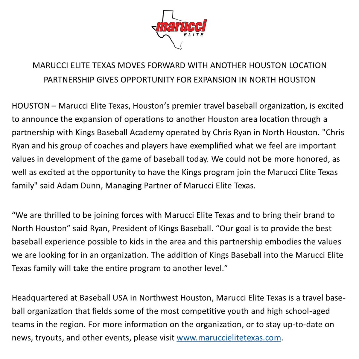 MarucciEliteTX's tweet photo. We are excited to announce the addition of Chris Ryan and Kings Baseball Academy to the Marucci Elite Texas family! We look forward to working with his staff, players, and families in the North Houston area! #InOrInTheWay #METxFamily #MarucciFamily @MarucciDugout https://t.co/p4B3IXo6rp