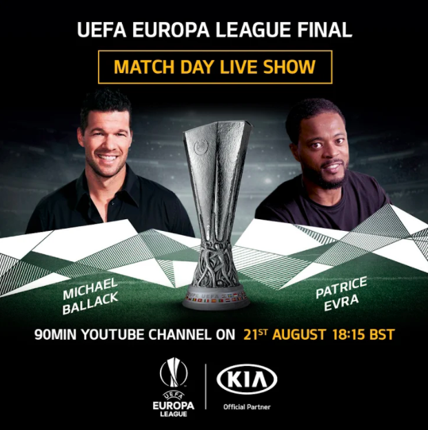 SI_FootballClub's tweet photo. Tune in to our live show ahead of the @EuropaLeague final! Legends @Ballack & @Evra will be joining us for a live Q&A.
π Friday, 21st August at 6.15pm (UK Time)
π 90min YouTube
#ChargeUpFor | #Kia | #UEL | #DrivenbyKia https://t.co/tINQfPHbkE