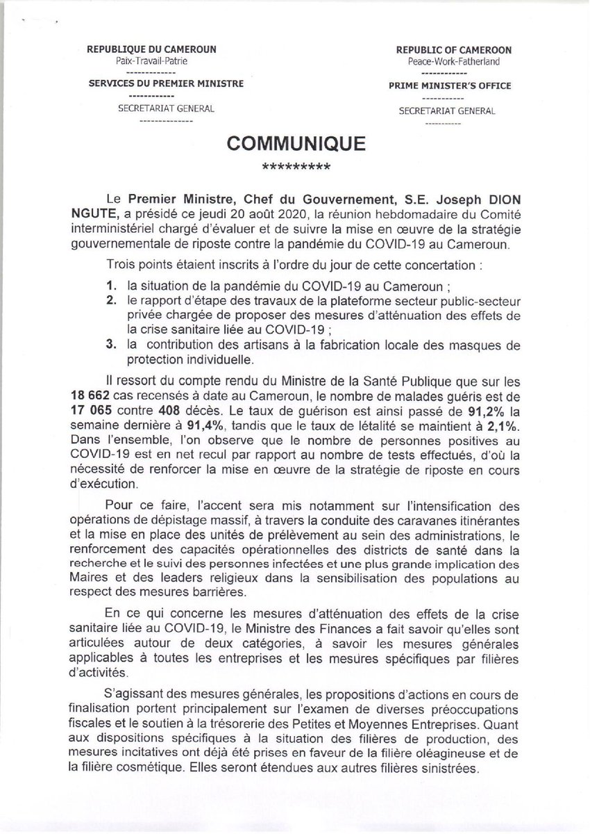 CameroonPm237's tweet photo. Lutte contre #Covid19Cmr, consommons #🇨🇲-ais. Privilégions les produits fabriqués localement. Nos artisans sont engagés dans la production Masques &amp; gels hydroalcooliques sous encadrement @anorcameroun, soutenons les. C'est l'une de mes prescriptions issues d réunion d'évaluation https://t.co/mnWmpcXnCB