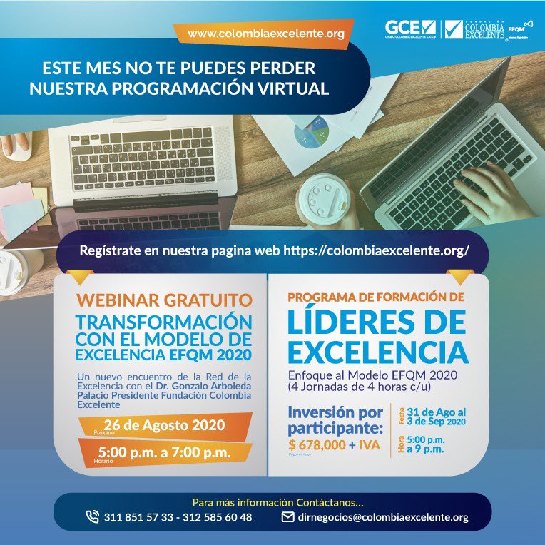 EFQM_Colombia's tweet photo. 👨🏻‍🎓 ¡WEBINAR GRATUITO! Transformación con el Modelo de Excelencia EFQM 2020, Programa de formación de líderes de excelencia. Para más información: 📞 311 851 57 33 - 312 585 60 48 o al correo electrónico: dirnegocios@colombiaexcelente.org  

Fecha: 26 de agosto. 5:00 a 7:00 p.m. https://t.co/1ym7K2kzUy