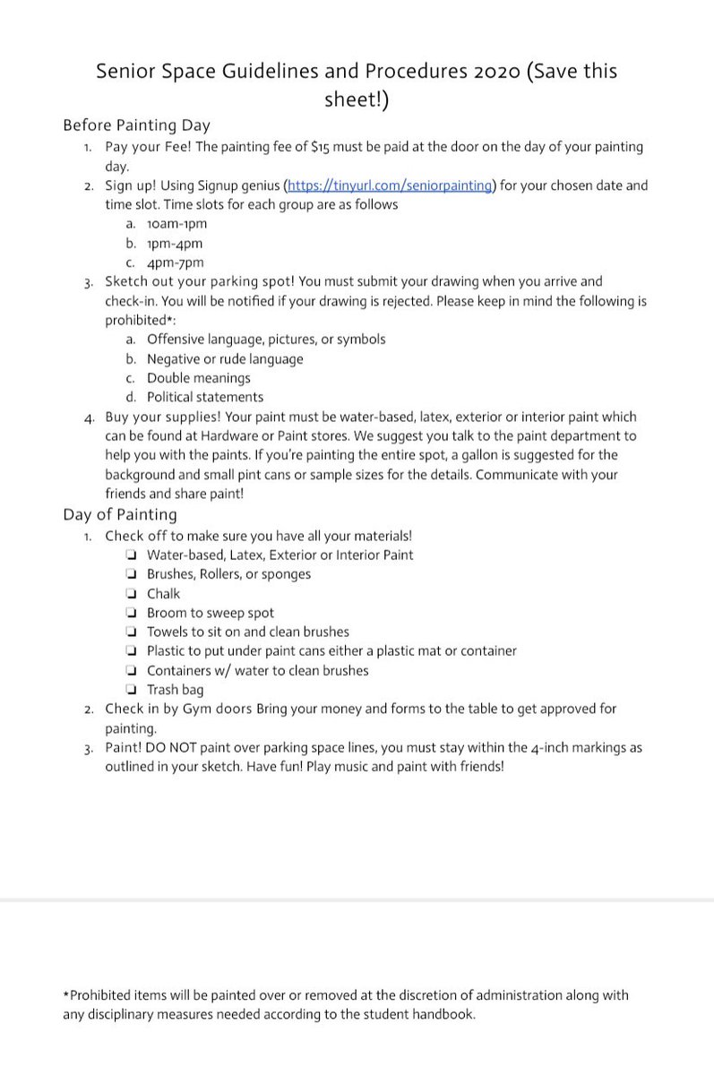 nhsclassof21's tweet photo. this year will be our first year painting senior parking spots! here’s the link for access. https://t.co/jsfYSm1L9p. get creative, have fun! masks and social distancing are mandatory for participation. print out the last two pages and bring it with you when you paint. https://t.co/d7qlZIc55g