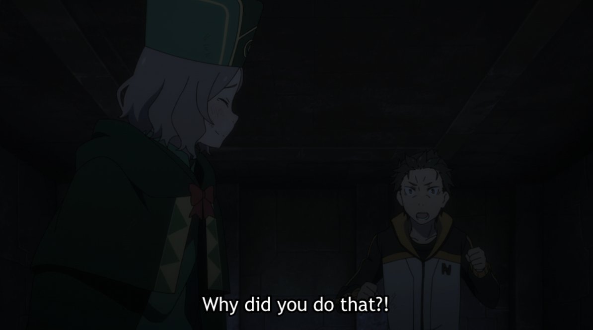 And there comes my favorite scene. Subaru doesn't understand why Otto would help him; at this point, he's internalized the lessons he's learned from the candidates throughout Arc 3. Something as simple as someone lending him a helping hand feels odd to him. But there's more.