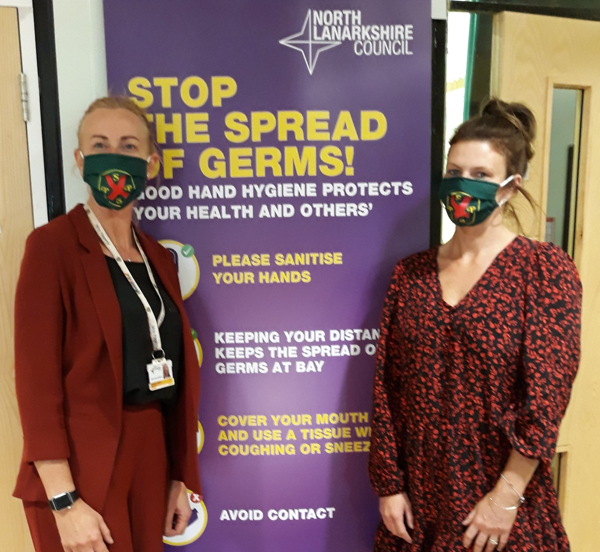 StPatricksPS's tweet photo. Mrs Hagerty & McBride following Scottish Government social distancing guidlines. Huge thanks to Demi Lee & Lexxi's mum for the St. Patrick's face masks! #pleasesocialdistance #facecoverings https://t.co/FdeG1ad345