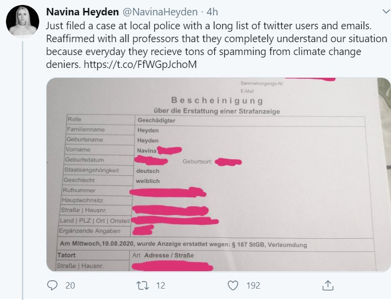 Navina Hayden  @NavinaHeyden just filed a defamation case with the German Police against 'Twitter users and emails'.