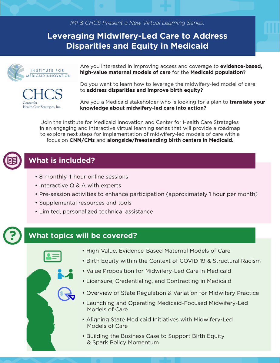 Innov8Medicaid's tweet photo. Registration is now open for IMI’s new learning series, Leveraging Midwifery-Led Care to Address Disparities and Equity in #Medicaid. The learning series brings together key stakeholders for 8 sessions to learn about the midwifery-led model. Register here: https://t.co/x8g4djuWGt https://t.co/LubVDLgAsq