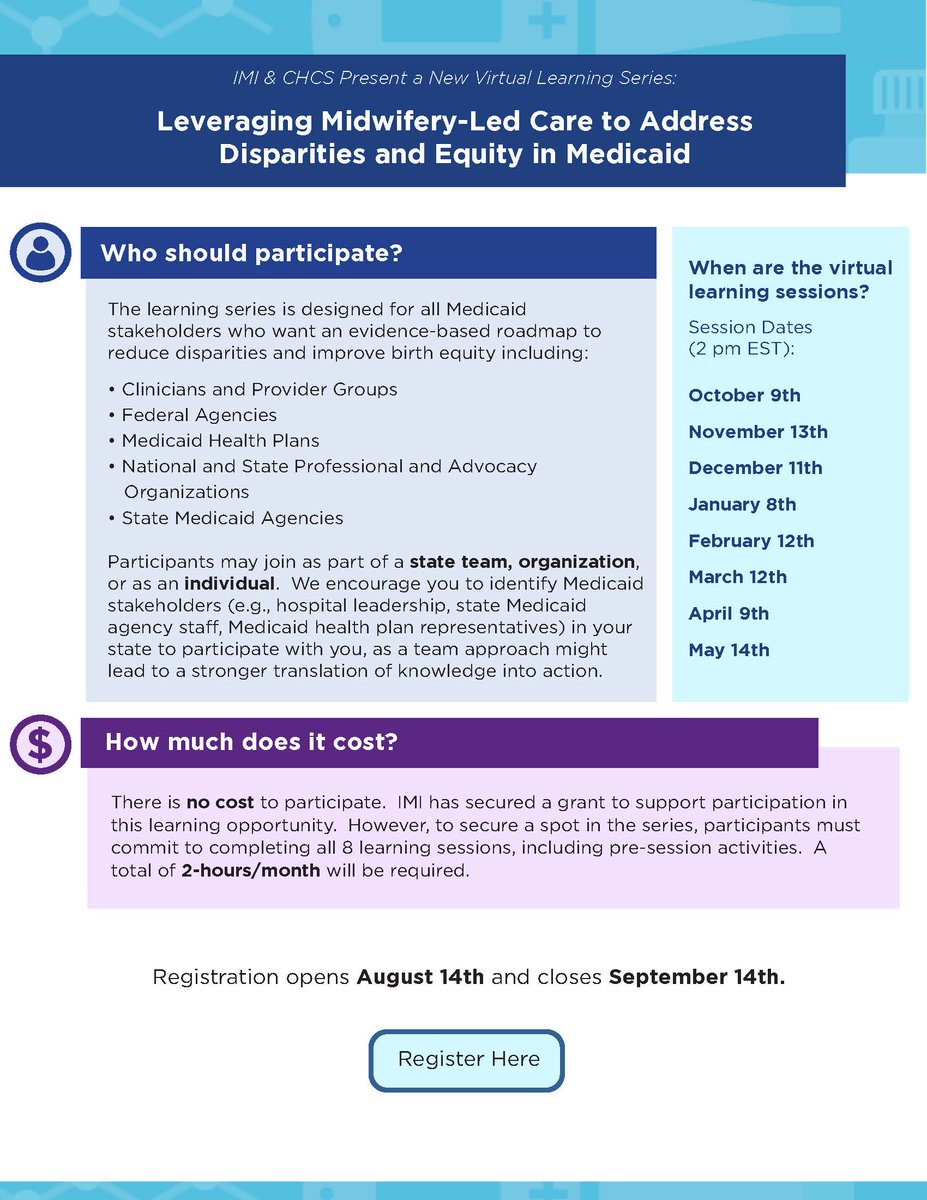 Innov8Medicaid's tweet photo. Registration is now open for IMI’s new learning series, Leveraging Midwifery-Led Care to Address Disparities and Equity in #Medicaid. The learning series brings together key stakeholders for 8 sessions to learn about the midwifery-led model. Register here: https://t.co/x8g4djuWGt https://t.co/LubVDLgAsq