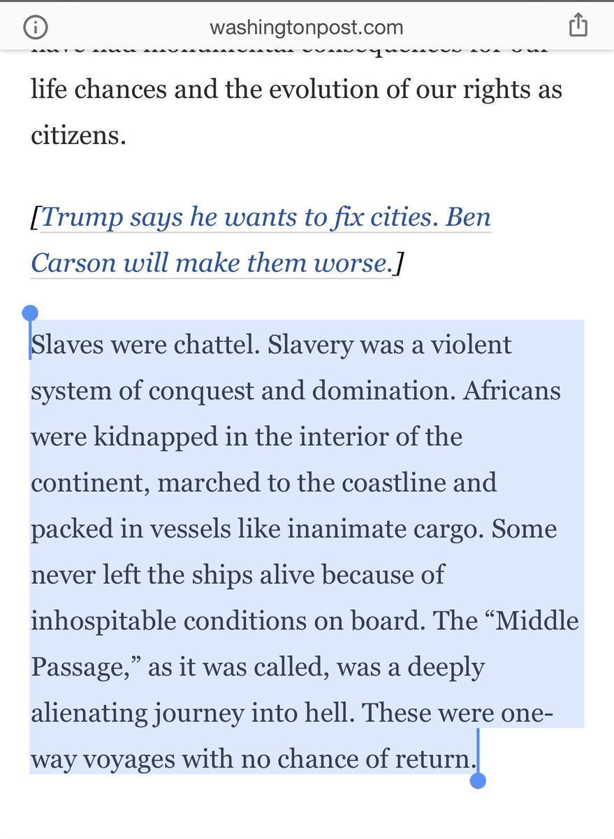 “Slaves were chattel. Slavery was a violent system of conquest and domination...The “Middle Passage,” as it was called, was a deeply alienating journey into hell. These were one-way voyages with no chance of return.”