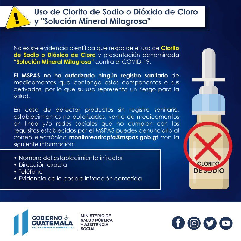 טוויטר Ministerio De Salud Publica בטוויטר Atencion Mspas Informa Que No Existe Evidencia Cientifica Que Respalde El Uso De Clorito De Sodio O Dioxido De Cloro Y Presentacion Denominada Solucion