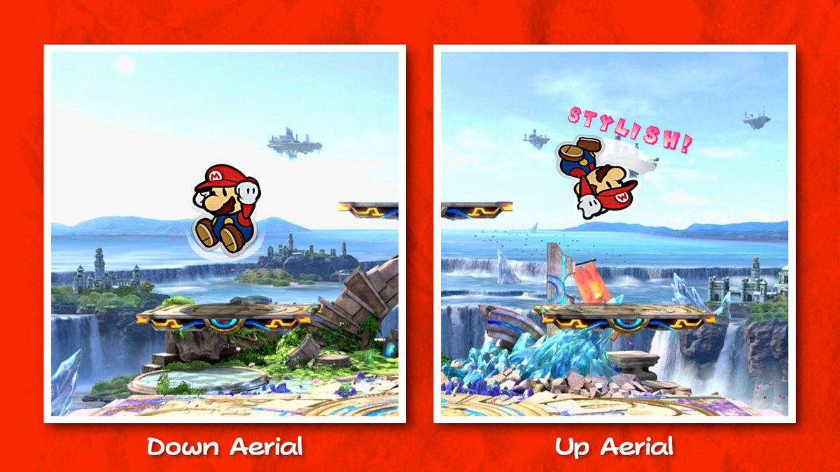 For his u-air, Paper Mario performs a Stylish Move, a quick and flashy back-flip manoeuvre! If the attack connects with an opponent, the “STYLISH!” splash text from The Thousand-Year Door will appear! (the text is purely aesthetic)