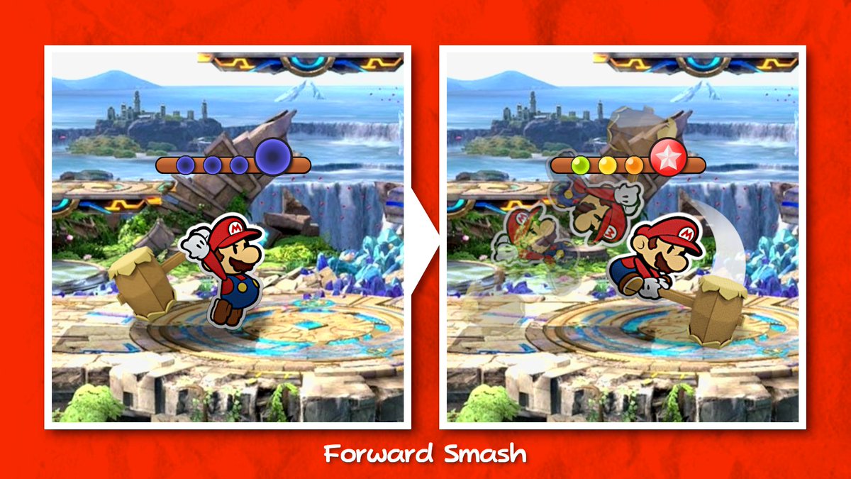 His forward smash is Power Smash! The on-screen prompt from The Thousand-Year Door appears above him, counting three seconds (with the appropriate beeping sounds) before the star icon lights up, to indicate the right timing!