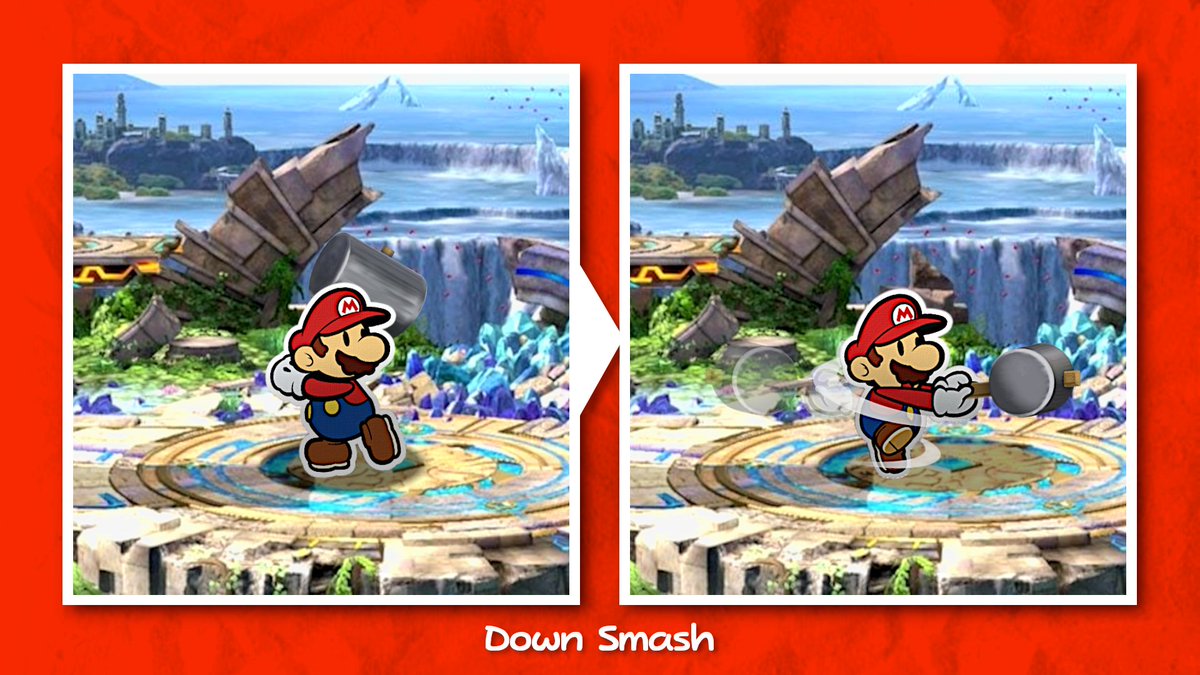 The the down smash, Paper Mario wields the Super Hammer. As he charges the attack, he twists the hammer behind his back. Upon release, he spins around rapidly, with the hammer outstretched, hitting opponents on either side!