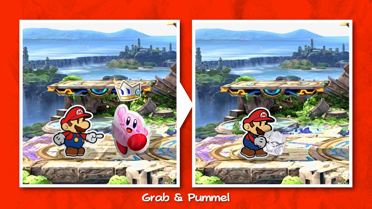 Instead of a traditional grab, Paper Mario summons Kersti to Paperize a nearby opponent, transforming them into a papery cut-out version of their character art! By mashing buttons, the opponent can escape the grab and revert to their normal form, like a regular grab.