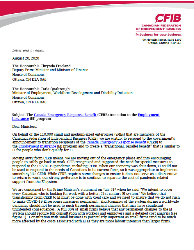 CFIB will be watching today's CERB/EI transition plan very carefully ...