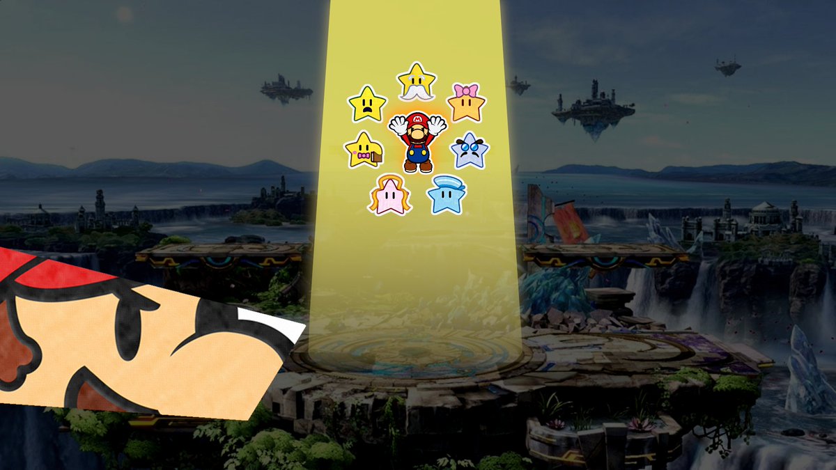 For his Final Smash, Paper Mario summons the Seven Star Spirits to perform the Star Beam! The Star Spirits summon a blinding beam of yellow light from above. Anyone caught within will take rapid damage. The beam disappears with a burst of light, dealing a potent final blow!